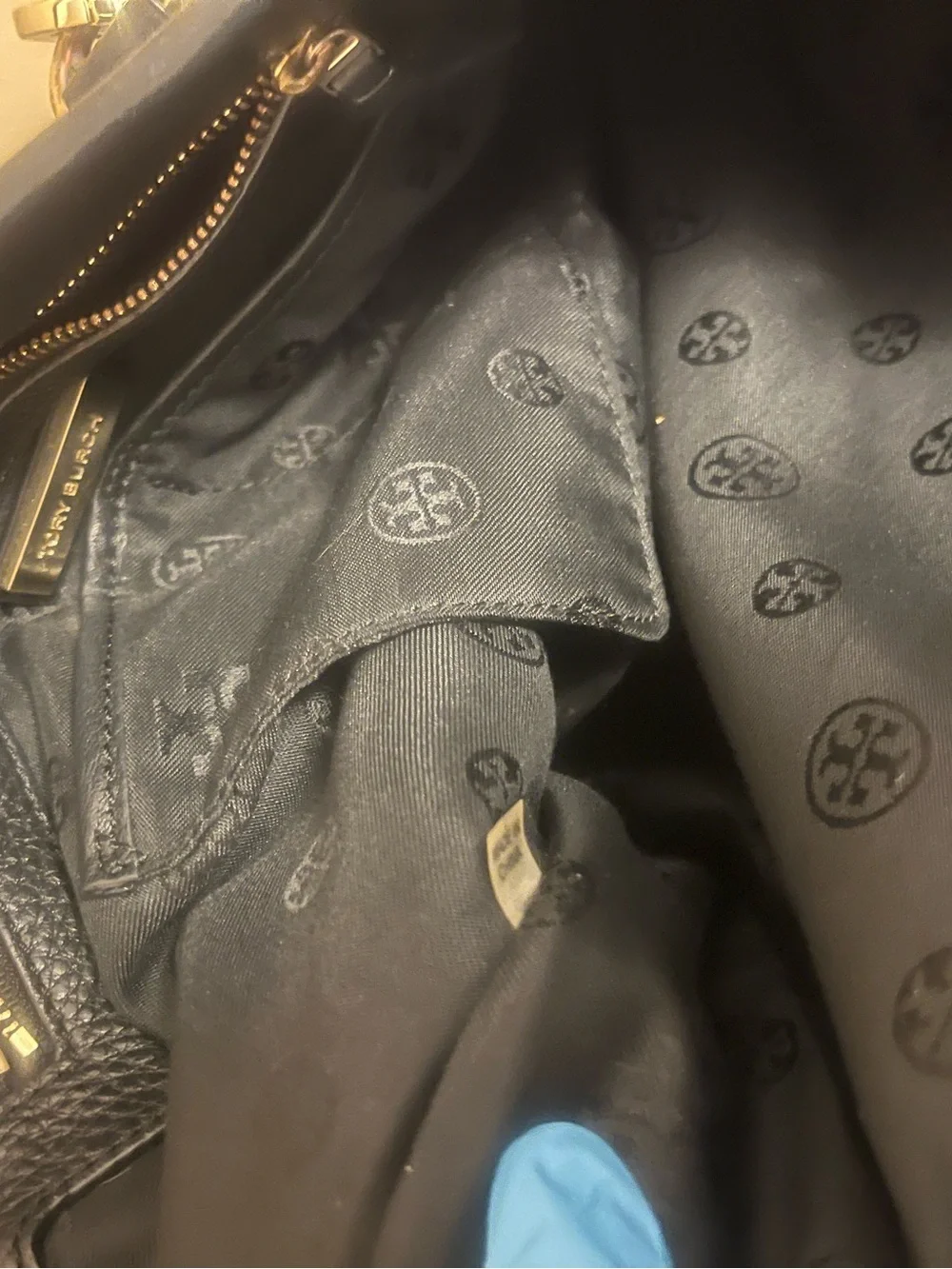 Tory Burch Black Pebbled Leather Tote with Gold Logo Hardware